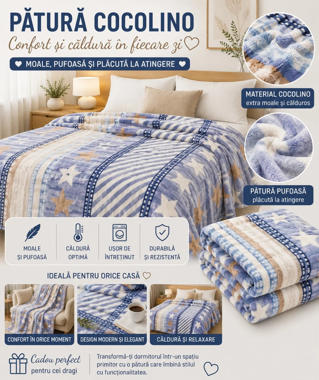 1+1 GRATIS Patura Cocolino Pufoasa cu Model Dungi si Stelute, 200x220 cm, Albastru si Crem