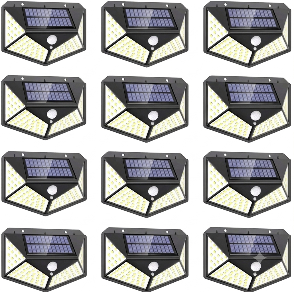 Pachet 12 Lămpi Solare LED de Exterior cu Senzor de Mișcare (1200 LED-uri Total) – Iluminat Multidirecțional, 3 Moduri, Zero Costuri la Curent, Negru