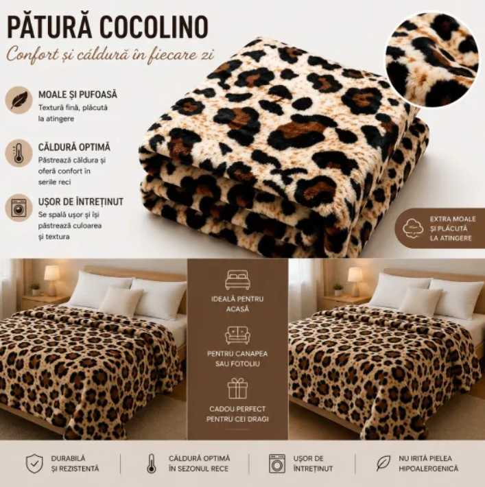 1+1 GRATIS Patura Cocolino Pufoasa Animal Print Leopard, Crem/Maro/Negru, 200x220 cm