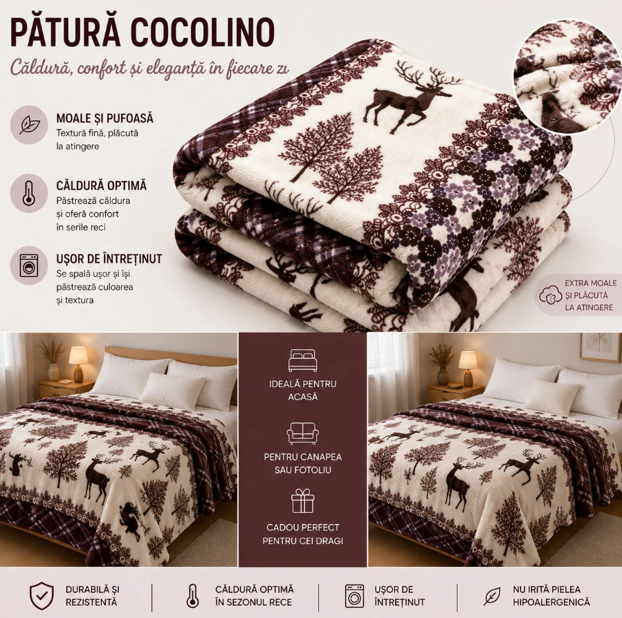 1+1 GRATIS Patura Cocolino Pufoasa cu Model Cerbi si Flori, 200x220 cm, Crem cu Maro