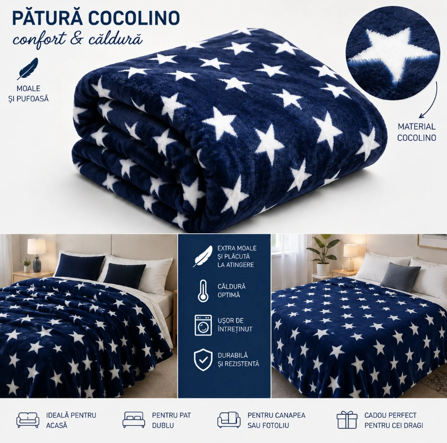 1+1 GRATIS Patura Cocolino Pufoasa cu Stele Albe, Bleumarin, 200x220 cm