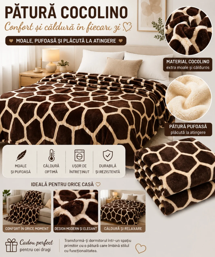 1+1 GRATIS Patura Cocolino Pufoasa Model Girafa, Crem/Maro, 200x220 cm