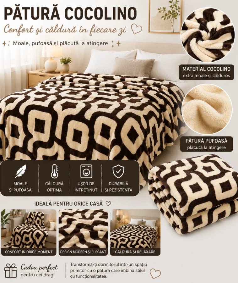 1+1 GRATIS Patura Cocolino Pufoasa cu Model Geometric Modern, 200x220 cm, Crem si Maro