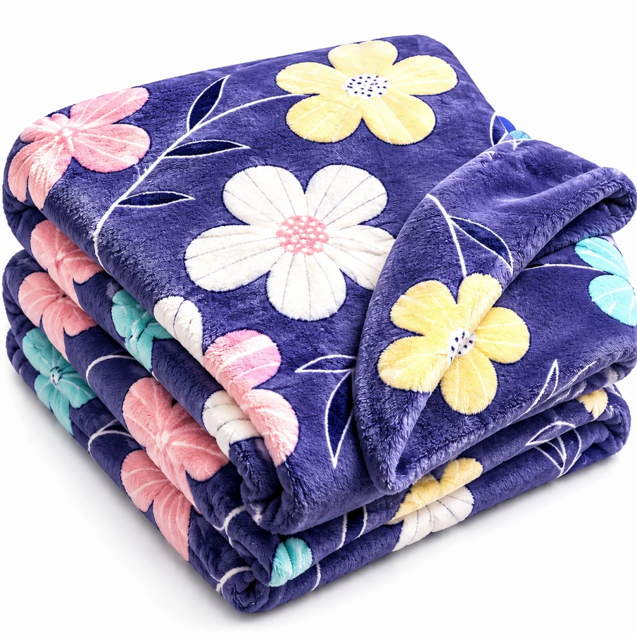 1+1 GRATIS Patura Cocolino Pufoasa cu Model Floral Multicolor, 200x220 cm, Mov Inchis