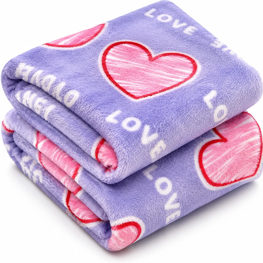 1+1 GRATIS Patura Cocolino Pufoasa cu Inimi Love, 200x220 cm, Mov Deschis