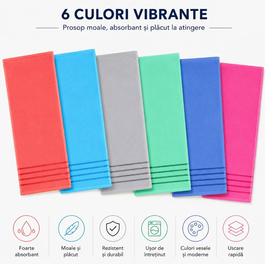 Set 6 Prosoape de Baie 50x100 cm, Multicolore, Absorbante și Moi, Microfibră Premium