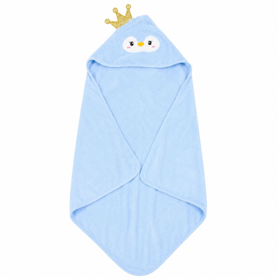 Prosop de Baie cu Glugă pentru Bebeluși și Copii, Model Pinguin cu Coroniță, Albastru Deschis – Material Ultra-Moale, Absorbant și Delicat