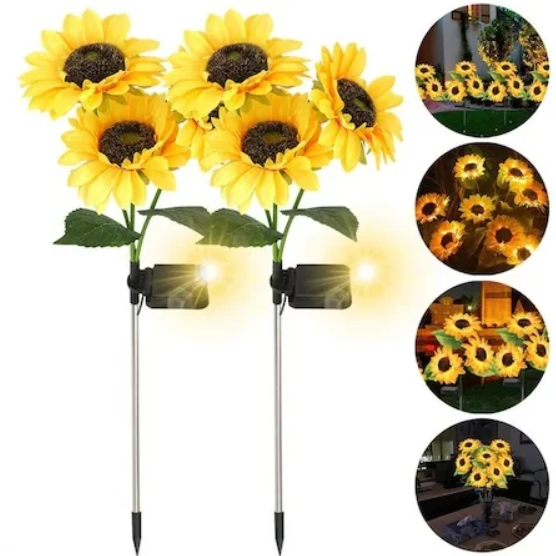 Set 4 Lămpi Solare Decorative Floarea-Soarelui pentru Grădină și Terasă – Aspect Natural, Tulpini Ajustabile, Zero Costuri la Curent, Kivoo