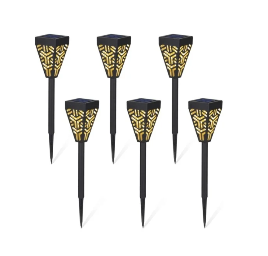 Set 6 Lămpi Solare de Grădină cu Picior Metalic (Metal & Plastic) – LED Lumină Caldă Galbenă, Senzor Automat, Fixare în Sol, Kivoo