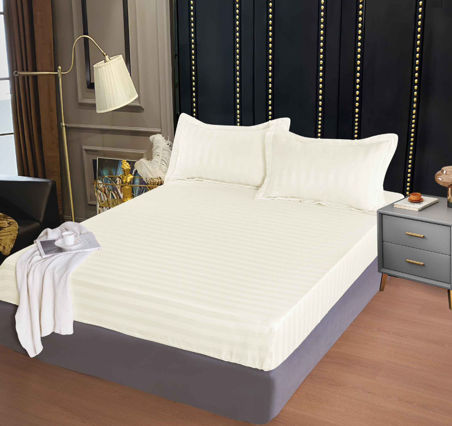 Set Cearceaf de Pat cu Elastic Ivoire 160x200 cm din Finet Tip Damasc cu 2 Fețe de Pernă – Husă Protecție Saltea, Textură Densă și Catifelată