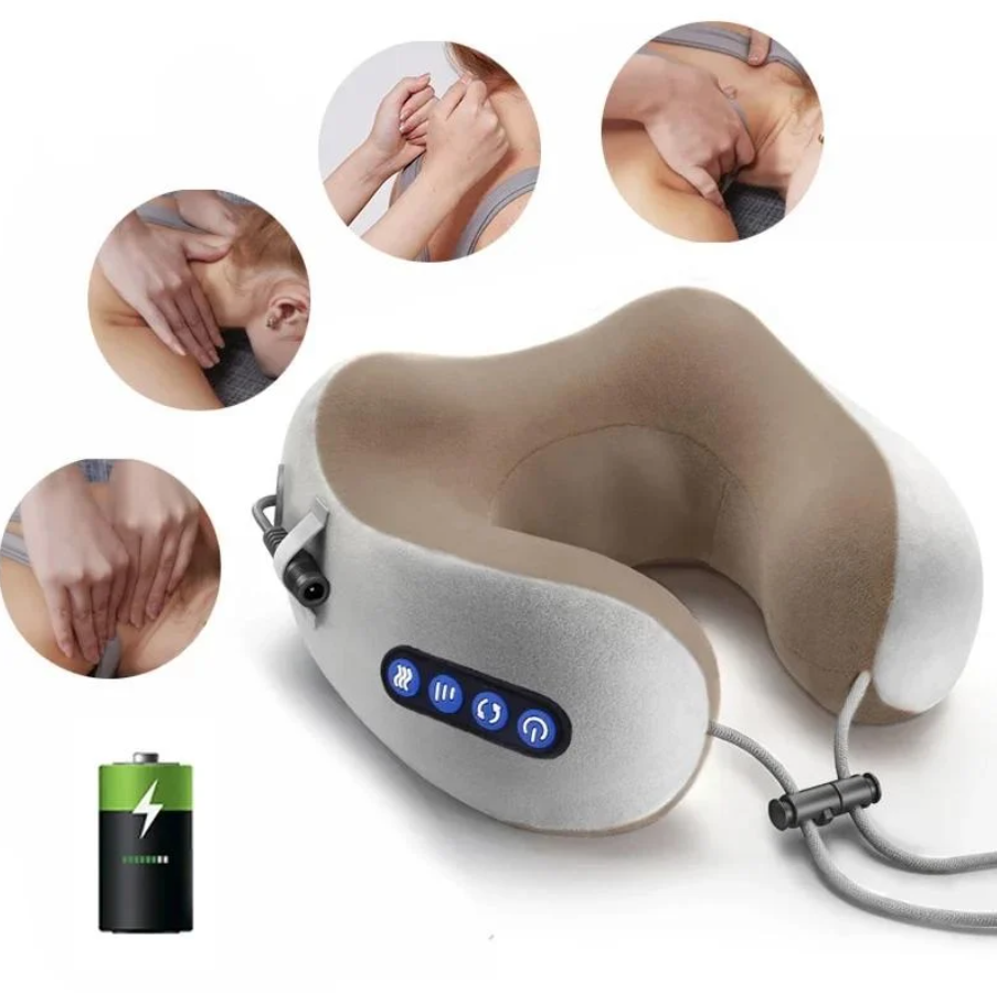 Pernă de Masaj Cervical și Călătorie Kivoo – Spumă cu Memorie (Memory Foam), Masaj prin Frământare 3D, Suport Ergonomic Gât și Umeri, Alimentare USB 5V, Gri/Maro