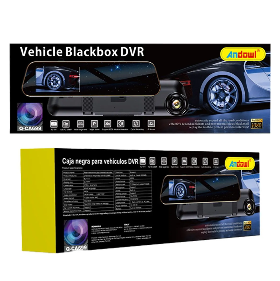 Oglindă Retrovizoare cu Cameră DVR Auto Dual Channel Andowl Q-CA699, Full HD 1080P, Ecran 4.3" TFT, Unghi Larg 170°, Night Vision, G-Sensor, Detecție Mișcare, Suport TF 32GB