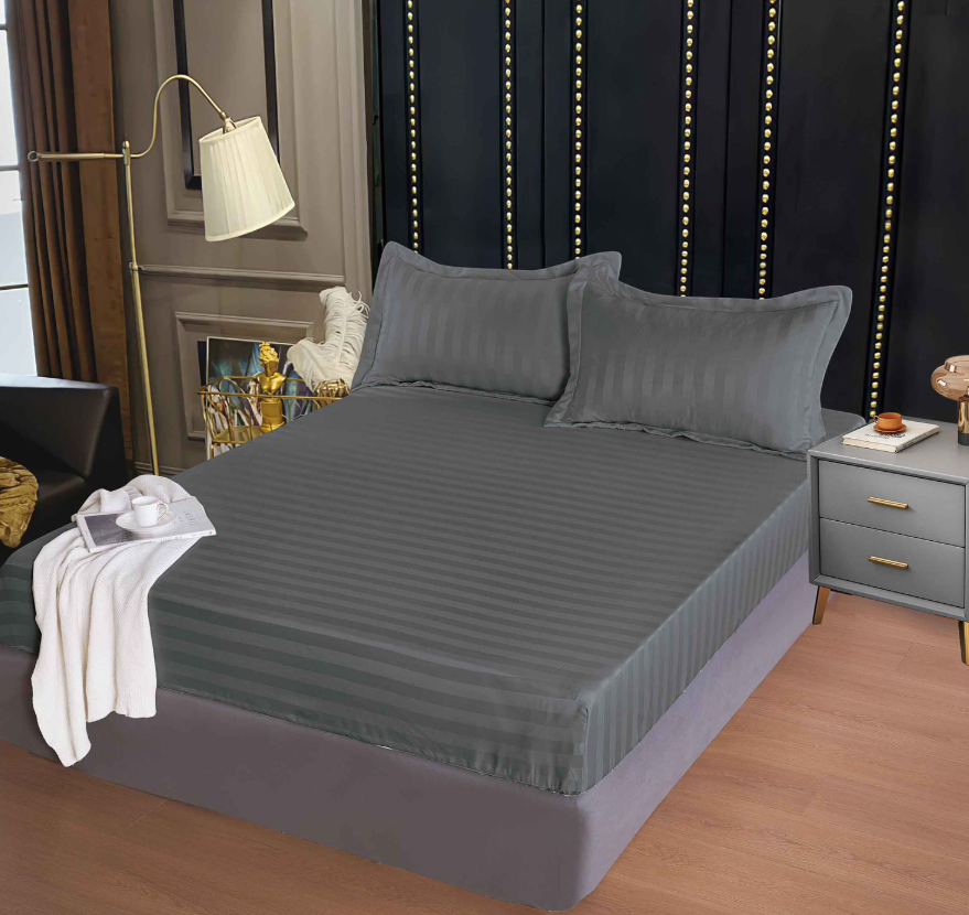 Set Cearceaf de Pat cu Elastic Gri inchis 160x200 cm din Finet Tip Damasc cu 2 Fețe de Pernă – Husă Protecție Saltea, Textură Densă și Catifelată