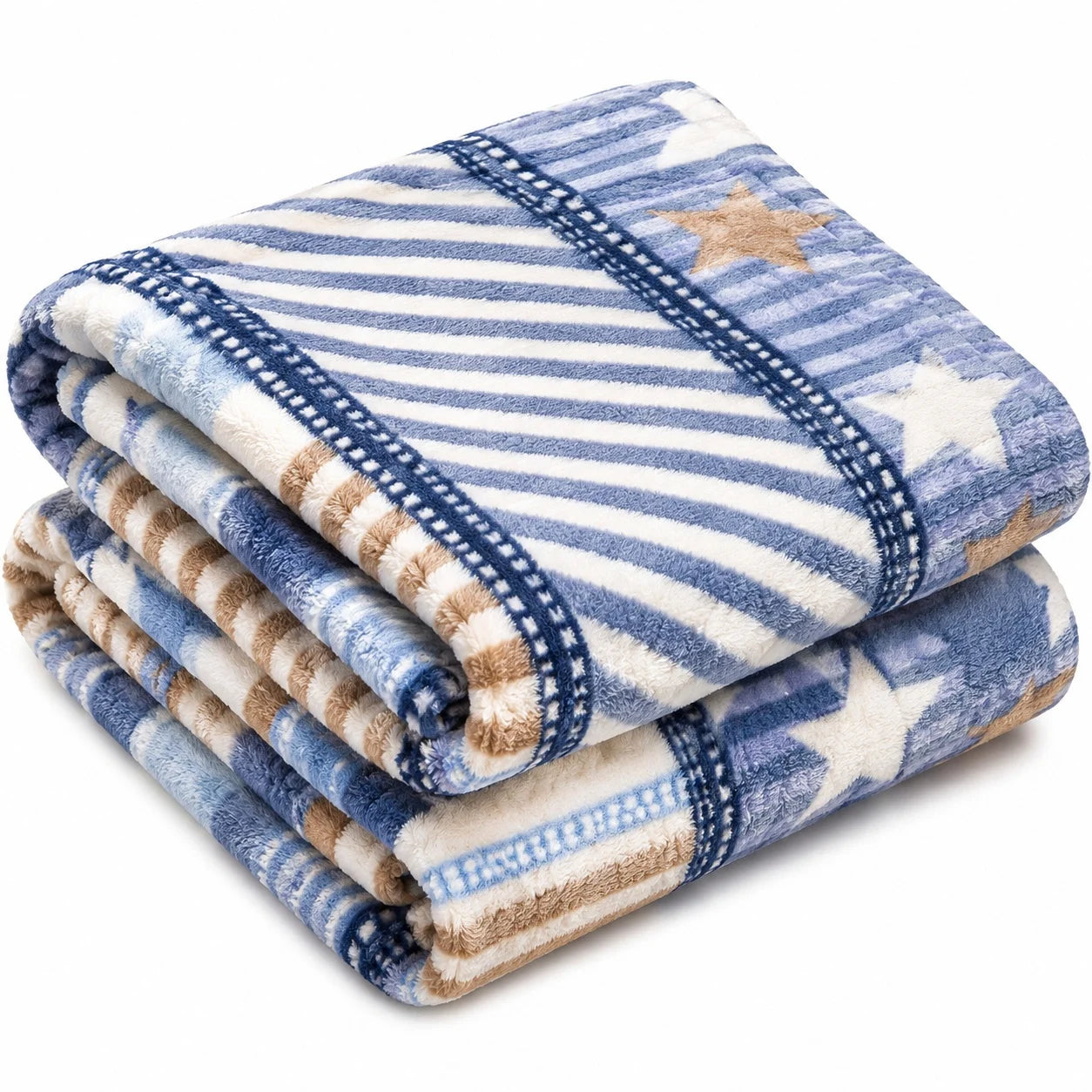 1+1 GRATIS Patura Cocolino Pufoasa cu Model Dungi si Stelute, 200x220 cm, Albastru si Crem
