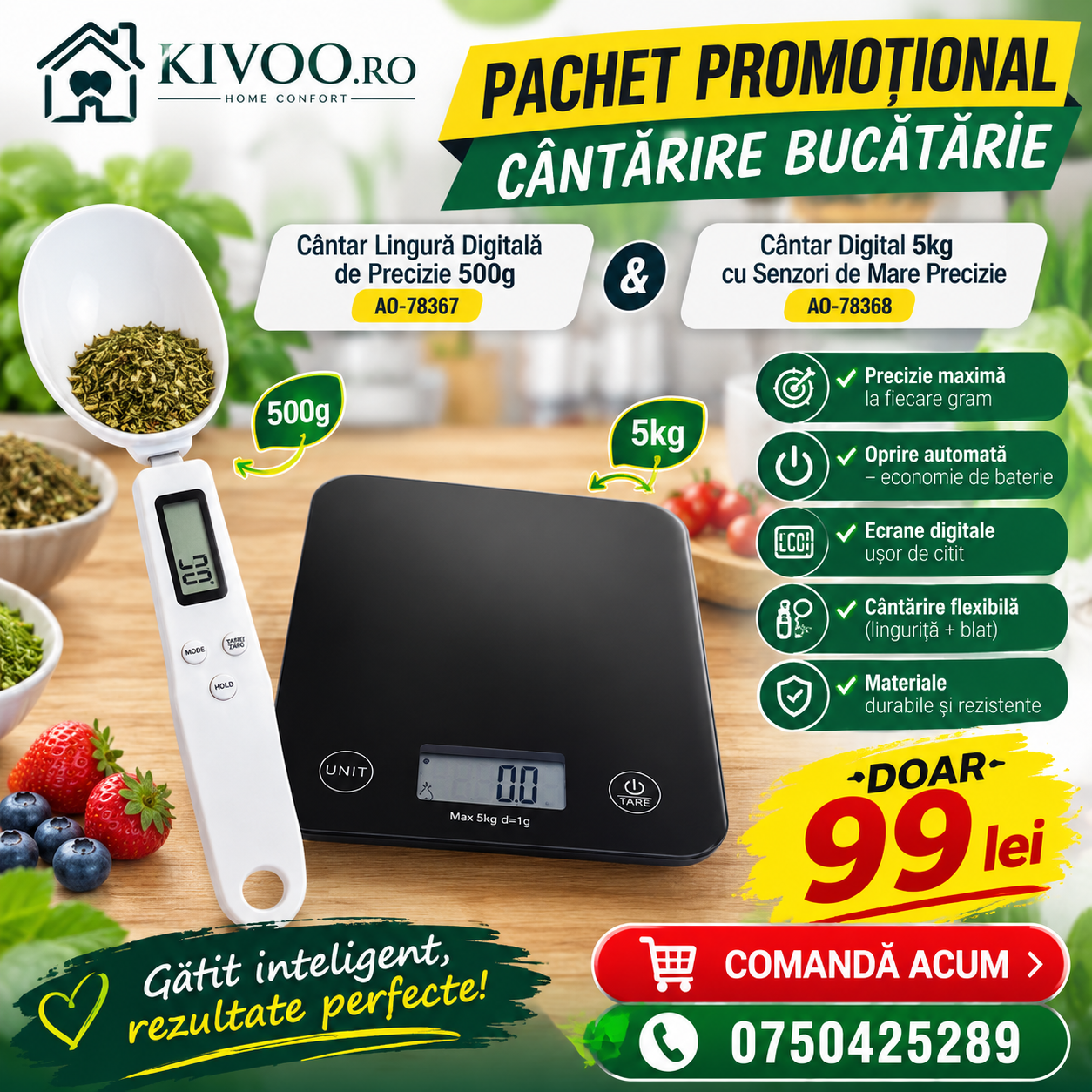 Pachet Promoțional Cântărire Bucătărie: Cântar Lingură Digitală de Precizie 500g (AO-78367) + Cântar Digital 5kg cu Senzori de Mare Precizie (AO-78368), Oprire Automată