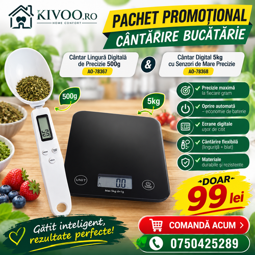 Pachet Promoțional Cântărire Bucătărie: Cântar Lingură Digitală de Precizie 500g (AO-78367) + Cântar Digital 5kg cu Senzori de Mare Precizie (AO-78368), Oprire Automată