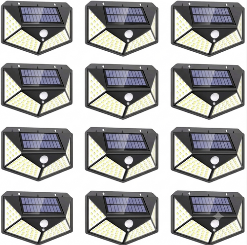 Pachet 12 Lămpi Solare LED de Exterior cu Senzor de Mișcare (1200 LED-uri Total) – Iluminat Multidirecțional, 3 Moduri, Zero Costuri la Curent, Negru