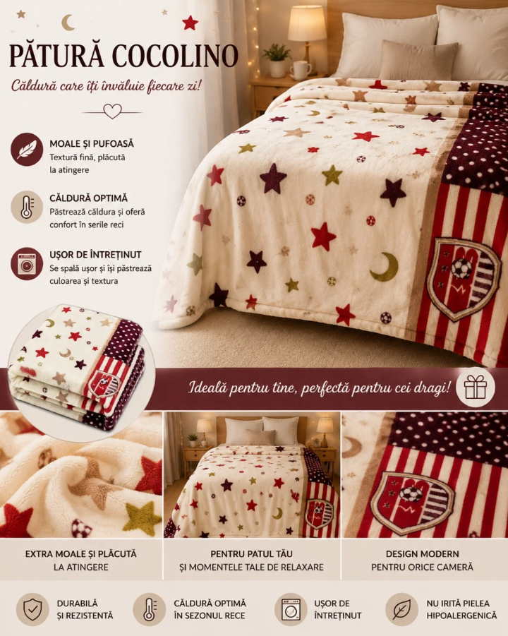 1+1 GRATIS Patura Cocolino Pufoasa cu Stele si Luna, Crem Bordo, 200x220 cm