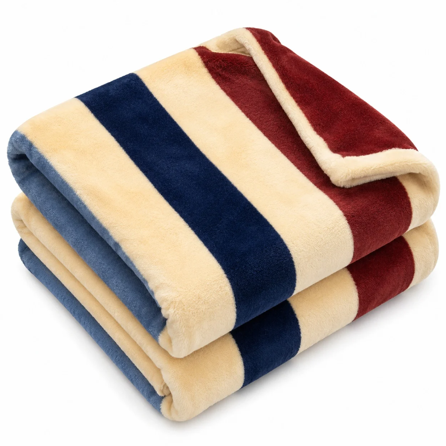 1+1 GRATIS Patura Cocolino Pufoasa cu Dungi Colorate, 200x220 cm, Crem, Albastru si Bordo