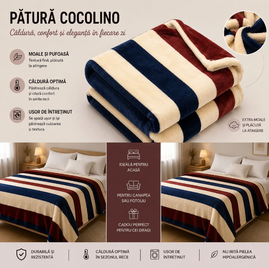 1+1 GRATIS Patura Cocolino Pufoasa cu Dungi Colorate, 200x220 cm, Crem, Albastru si Bordo