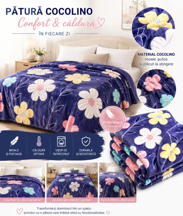 1+1 GRATIS Patura Cocolino Pufoasa cu Model Floral Multicolor, 200x220 cm, Mov Inchis