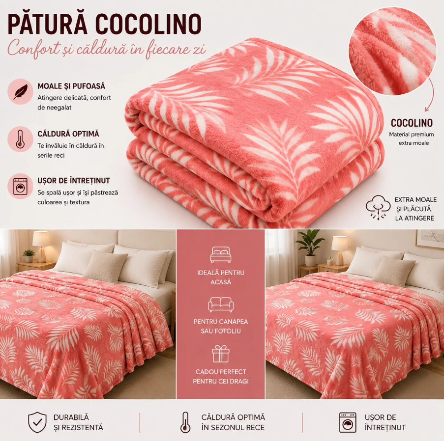 1+1 GRATIS Patura Cocolino Pufoasa cu Model Frunze Tropicale, 200x220 cm, Roz Coral