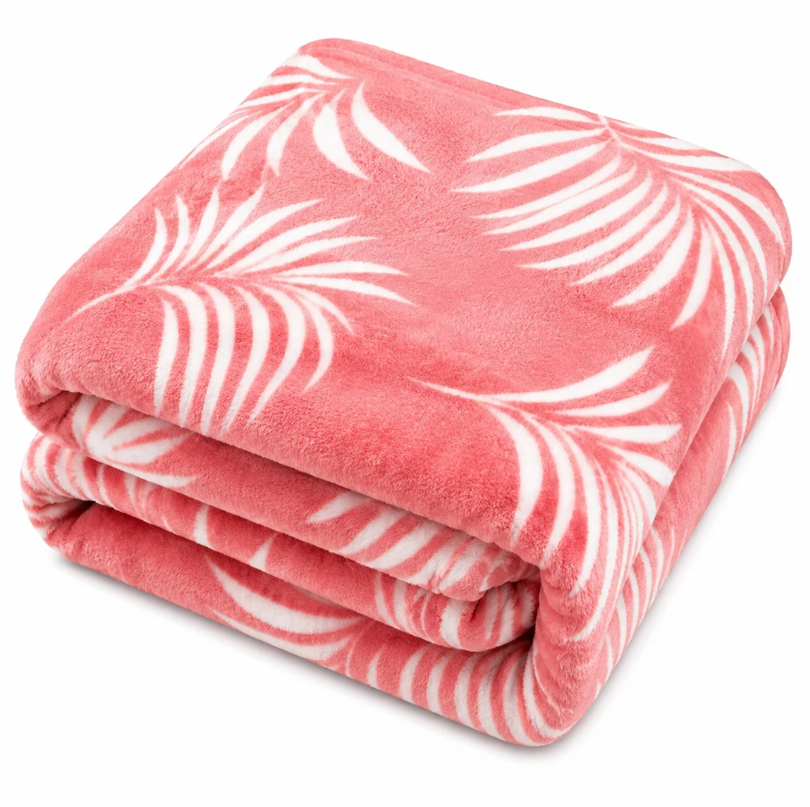 1+1 GRATIS Patura Cocolino Pufoasa cu Model Frunze Tropicale, 200x220 cm, Roz Coral