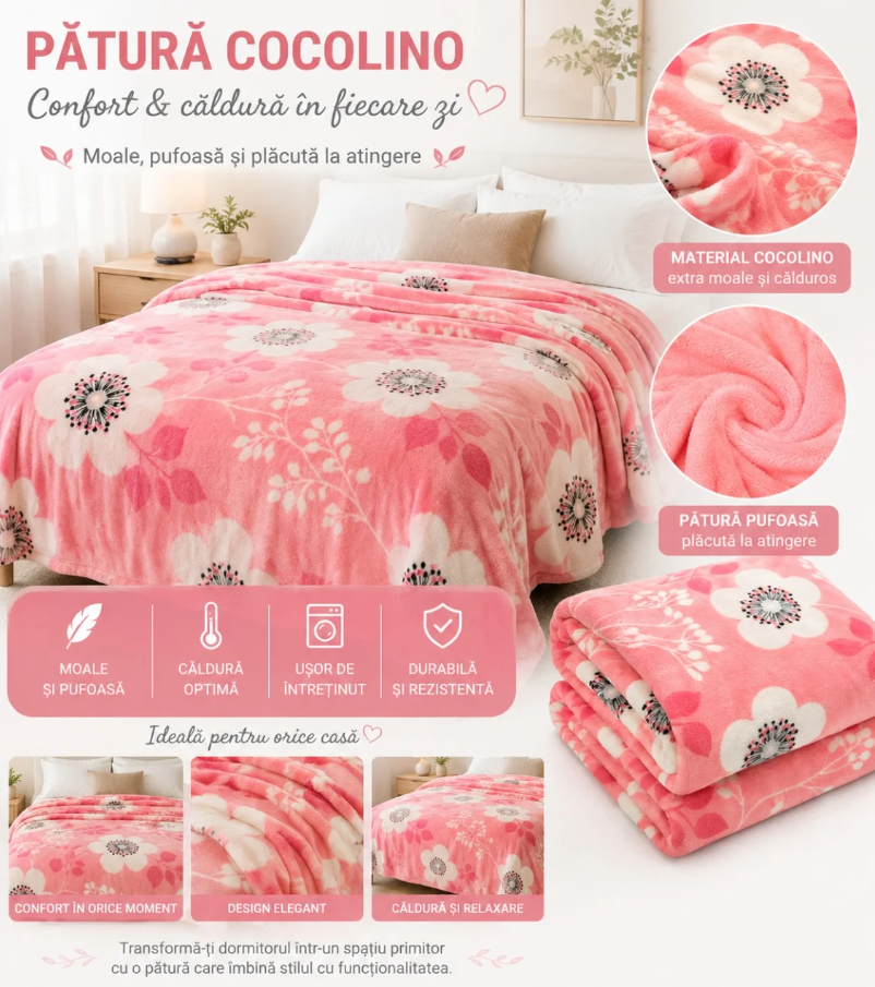 1+1 GRATIS Patura Cocolino Pufoasa cu Margarete, Albastru Deschis, 200x220 cm