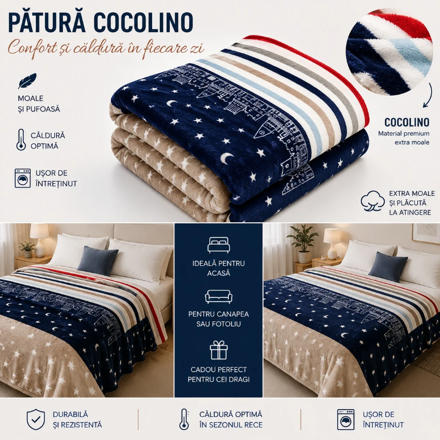 1+1 GRATIS Patura Cocolino Pufoasa cu Dungi si Stele, Bleumarin/Bej, 200x220 cm