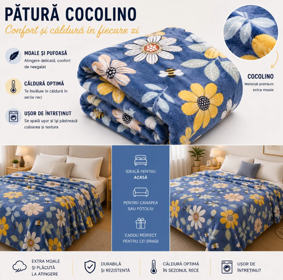 1+1 GRATIS Patura Cocolino Pufoasa cu Model Floral si Albine, 200x220 cm, Albastru