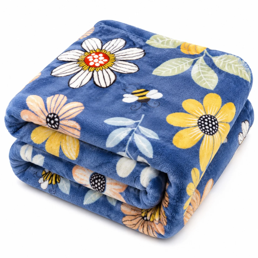 1+1 GRATIS Patura Cocolino Pufoasa cu Model Floral si Albine, 200x220 cm, Albastru