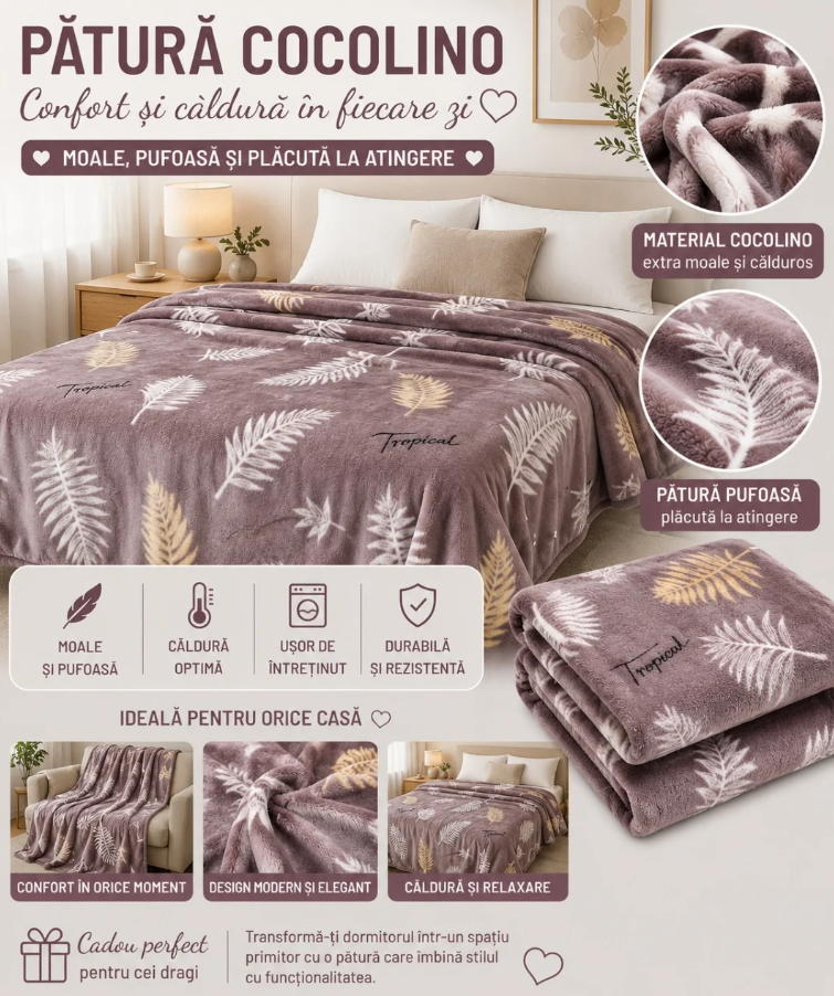 1+1 GRATIS Patura Cocolino Pufoasa Tropical, Mov Pudrat, 200x220 cm