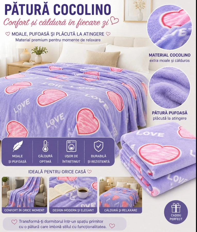 1+1 GRATIS Patura Cocolino Pufoasa cu Inimi Love, 200x220 cm, Mov Deschis