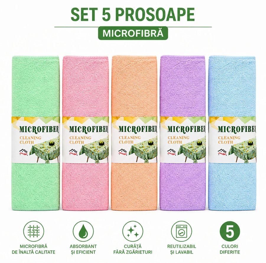 Set 5 prosoape bucătărie microfibră 40x40 cm – lavete pufoase, super absorbante