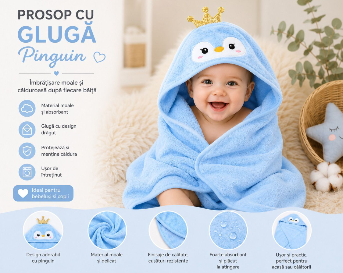 Prosop de Baie cu Glugă pentru Bebeluși și Copii, Model Pinguin cu Coroniță, Albastru Deschis – Material Ultra-Moale, Absorbant și Delicat