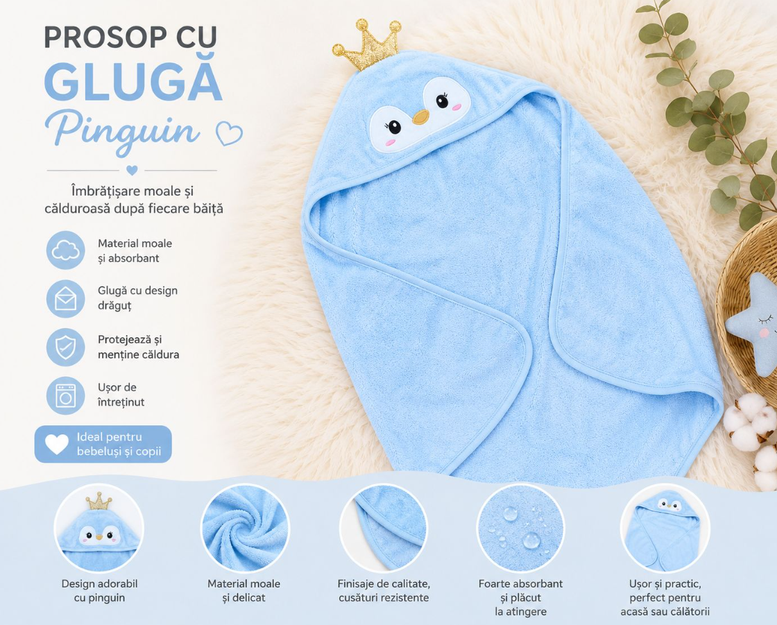 Prosop de Baie cu Glugă pentru Bebeluși și Copii, Model Pinguin cu Coroniță, Albastru Deschis – Material Ultra-Moale, Absorbant și Delicat