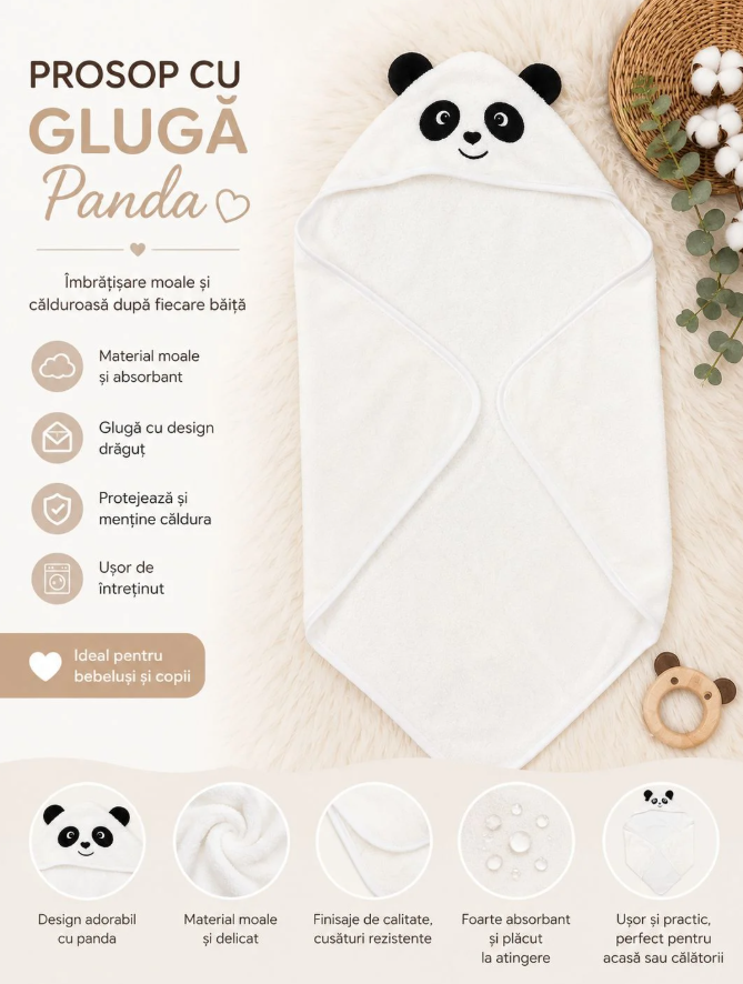 Prosop de Baie cu Glugă pentru Bebeluși și Copii, Model Panda, Alb – Material Ultra-Moale, Absorbant și Delicat cu Pielea Sensibilă