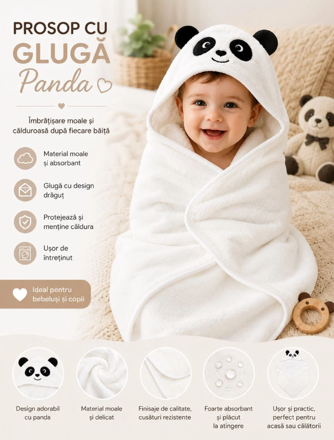Prosop de Baie cu Glugă pentru Bebeluși și Copii, Model Panda, Alb – Material Ultra-Moale, Absorbant și Delicat cu Pielea Sensibilă