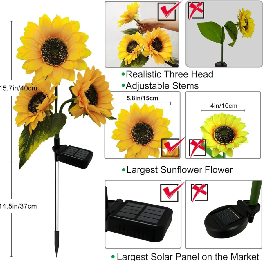 Set 2 Lămpi Solare Decorative Floarea-Soarelui pentru Grădină și Terasă – Aspect Natural, Tulpini Ajustabile, Zero Costuri la Curent, Kivoo