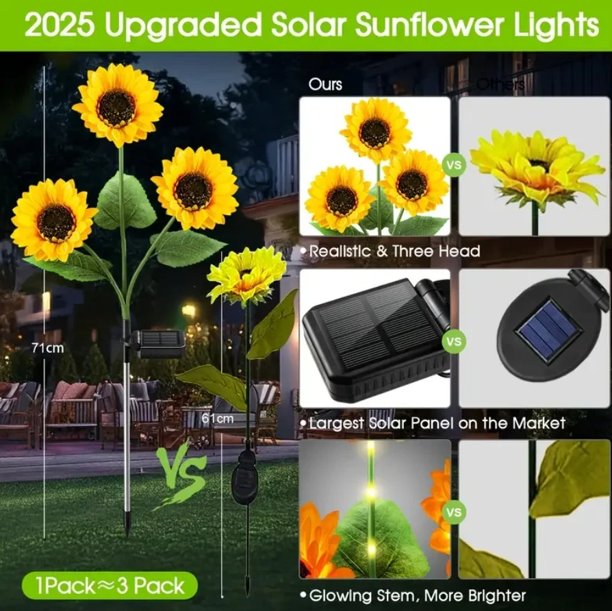 Set 2 Lămpi Solare Decorative Floarea-Soarelui pentru Grădină și Terasă – Aspect Natural, Tulpini Ajustabile, Zero Costuri la Curent, Kivoo