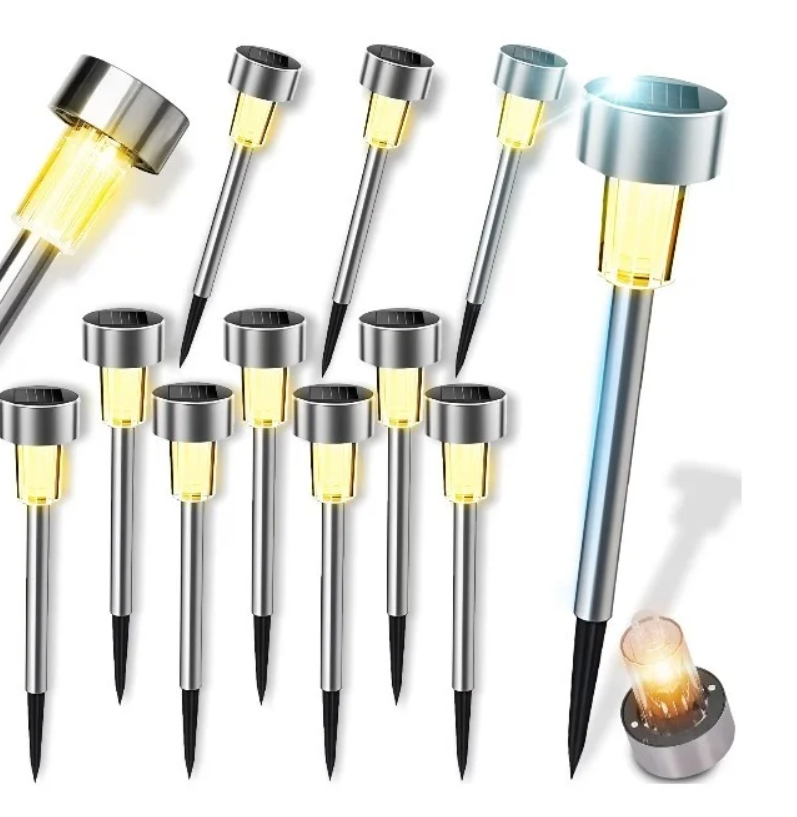 Set 10 Lămpi Solare de Grădină din Inox LED (36 cm) – Lumină Caldă Relaxantă, Senzor Automat Zi/Noapte, Fixare cu Țăruș, Rezistente la Apă, Kivoo