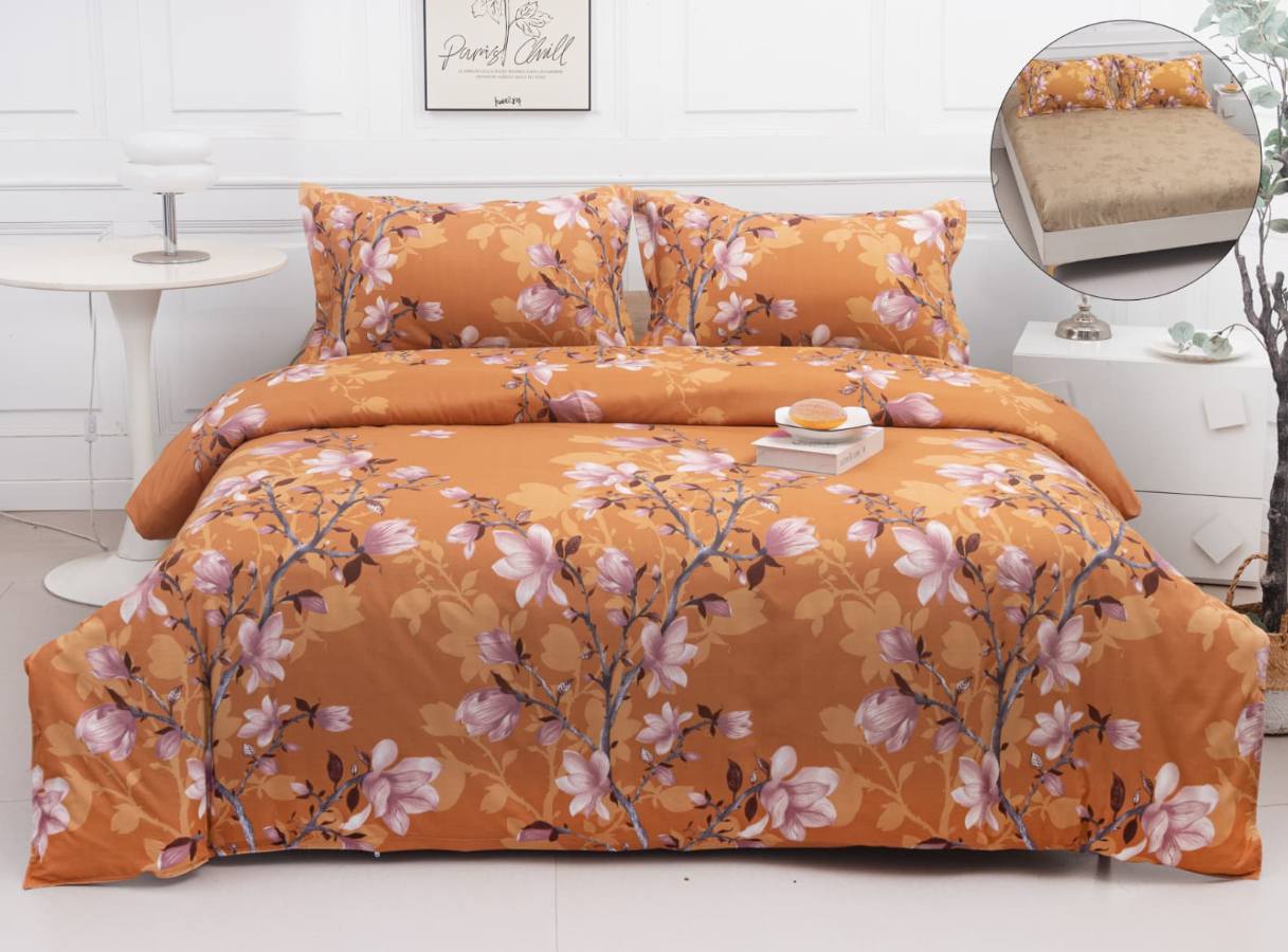 Set Lenjerie de Pat 4 Piese din Bumbac Satinat cu Cearceaf cu Elastic (180x200 cm), Husă Pilotă (200x230 cm), Textură Fină, șifonare Redusă