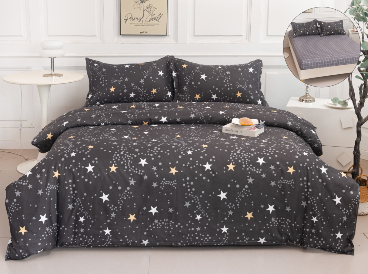 Set Lenjerie de Pat 4 Piese din Bumbac Satinat cu Cearceaf cu Elastic (180x200 cm), Husă Pilotă (200x230 cm), Textură Fină, șifonare Redusă