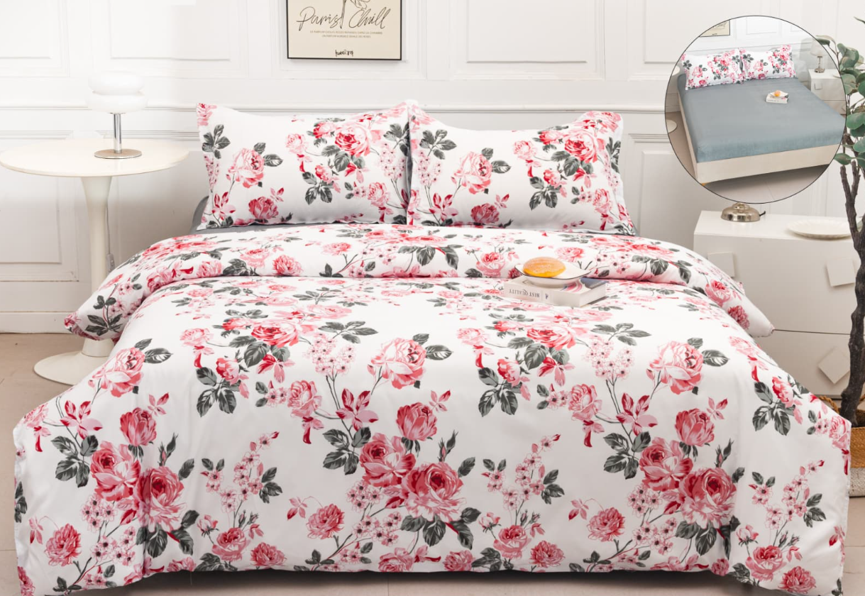 Set Lenjerie de Pat 4 Piese din Bumbac Satinat cu Cearceaf cu Elastic (180x200 cm), Husă Pilotă (200x230 cm), Textură Fină, șifonare Redusă