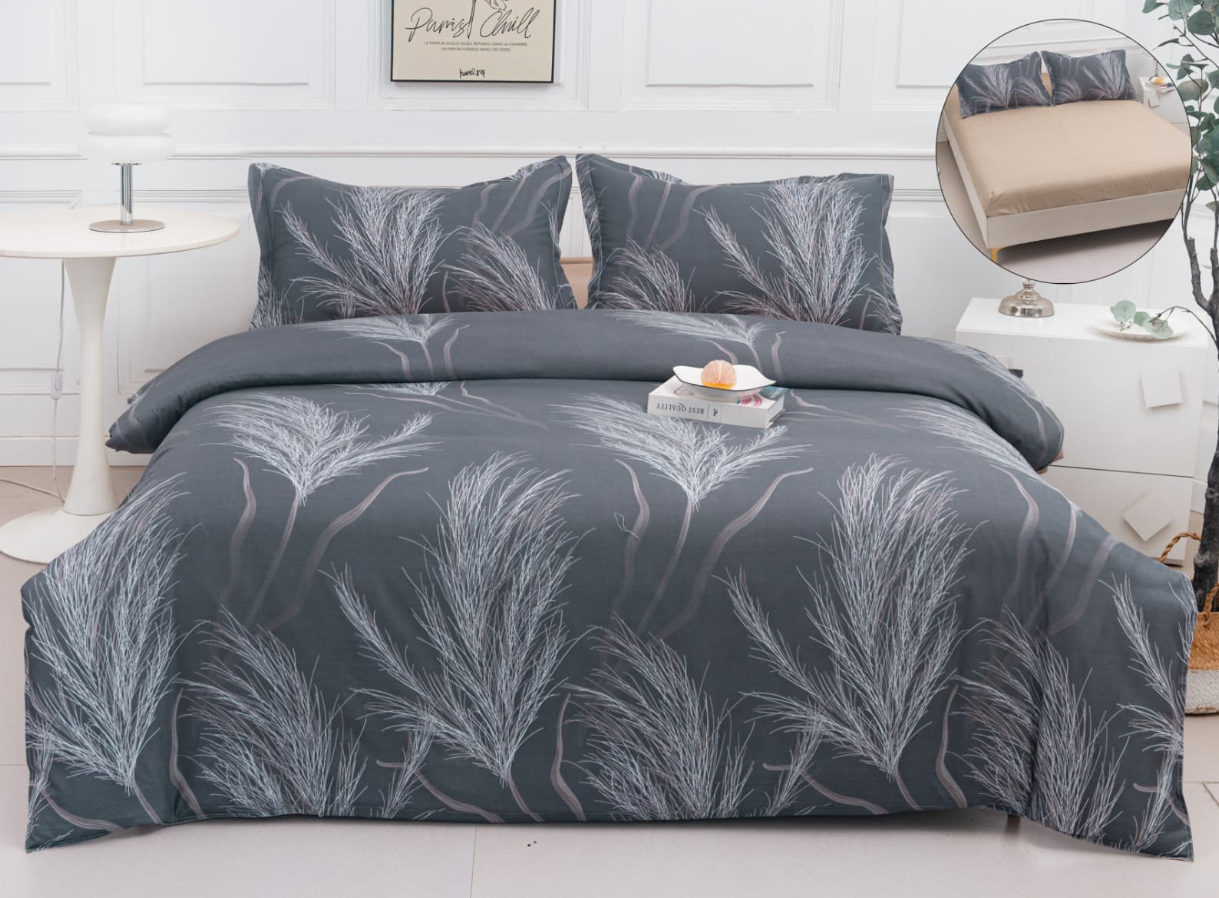 Set Lenjerie de Pat 4 Piese din Bumbac Satinat cu Cearceaf cu Elastic (180x200 cm), Husă Pilotă (200x230 cm), Textură Fină, șifonare Redusă