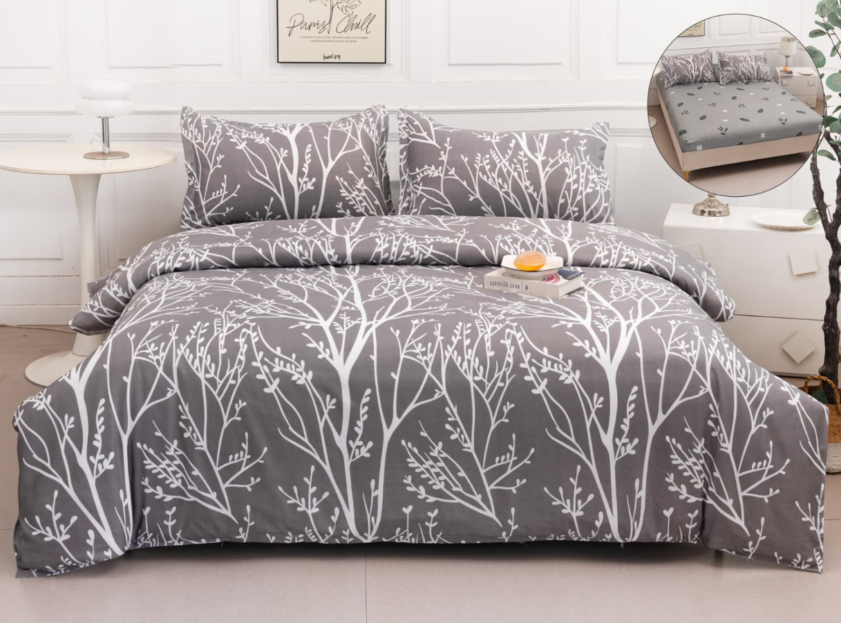 Set Lenjerie de Pat 4 Piese din Bumbac Satinat cu Cearceaf cu Elastic (180x200 cm), Husă Pilotă (200x230 cm), Textură Fină, șifonare Redusă