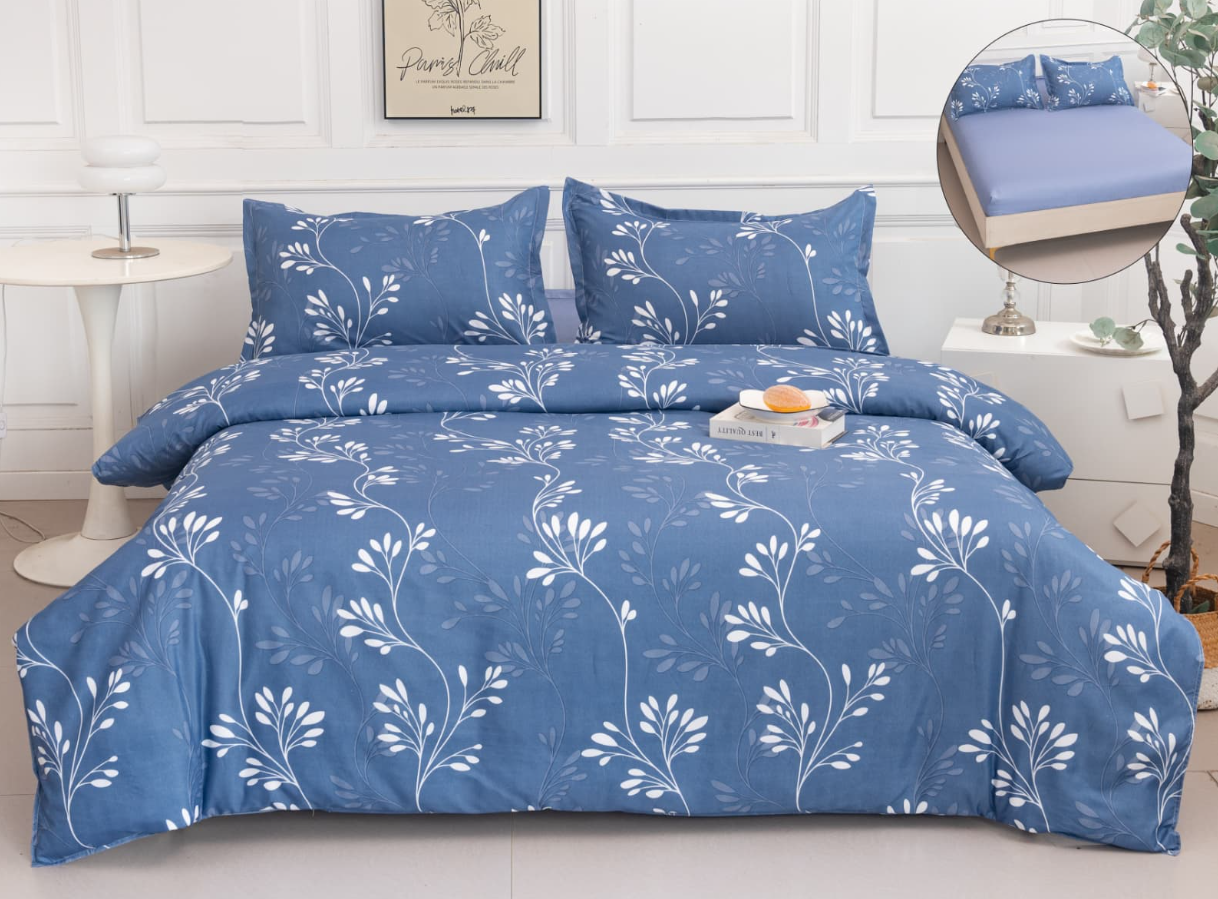 Set Lenjerie de Pat 4 Piese din Bumbac Satinat cu Cearceaf cu Elastic (180x200 cm), Husă Pilotă (200x230 cm), Textură Fină, șifonare Redusă