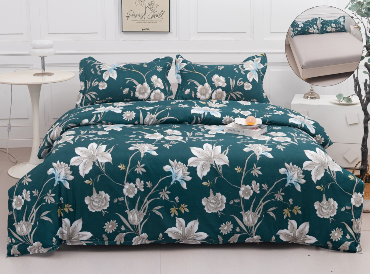 Set Lenjerie de Pat 4 Piese din Bumbac Satinat cu Cearceaf cu Elastic (180x200 cm), Husă Pilotă (200x230 cm), Textură Fină, șifonare Redusă