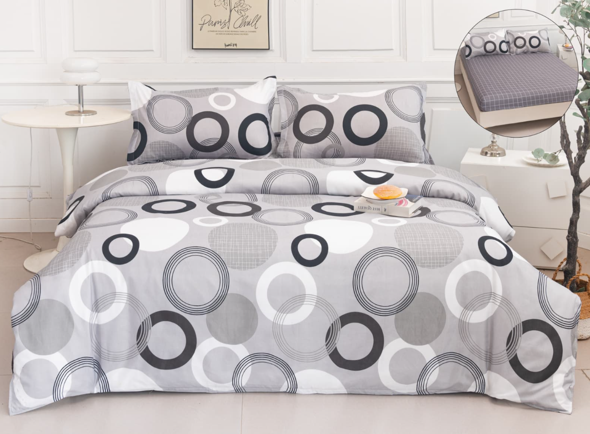 Set Lenjerie de Pat 4 Piese din Bumbac Satinat cu Cearceaf cu Elastic (180x200 cm), Husă Pilotă (200x230 cm), Textură Fină, șifonare Redusă