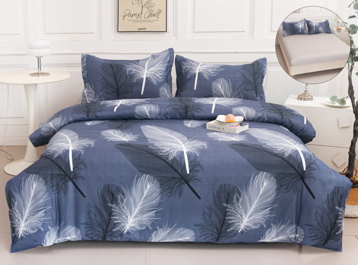 Set Lenjerie de Pat 4 Piese din Bumbac Satinat cu Cearceaf cu Elastic (180x200 cm), Husă Pilotă (200x230 cm), Textură Fină, șifonare Redusă